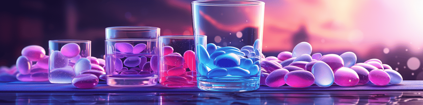image of drug pills surrounding a glass of water symbolizing drug consumption
