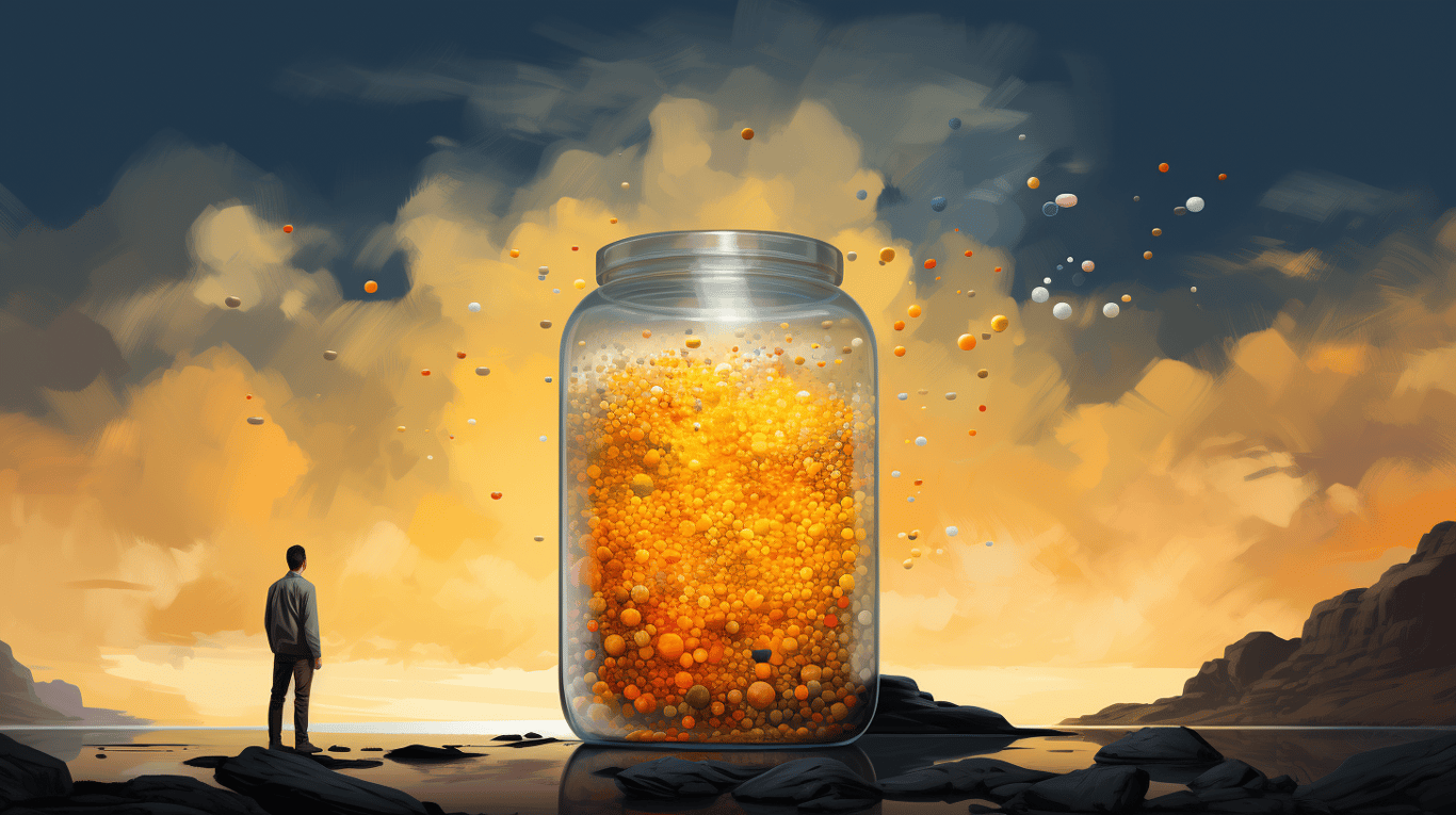 abstract image of a researcher studying a bottle of drug.