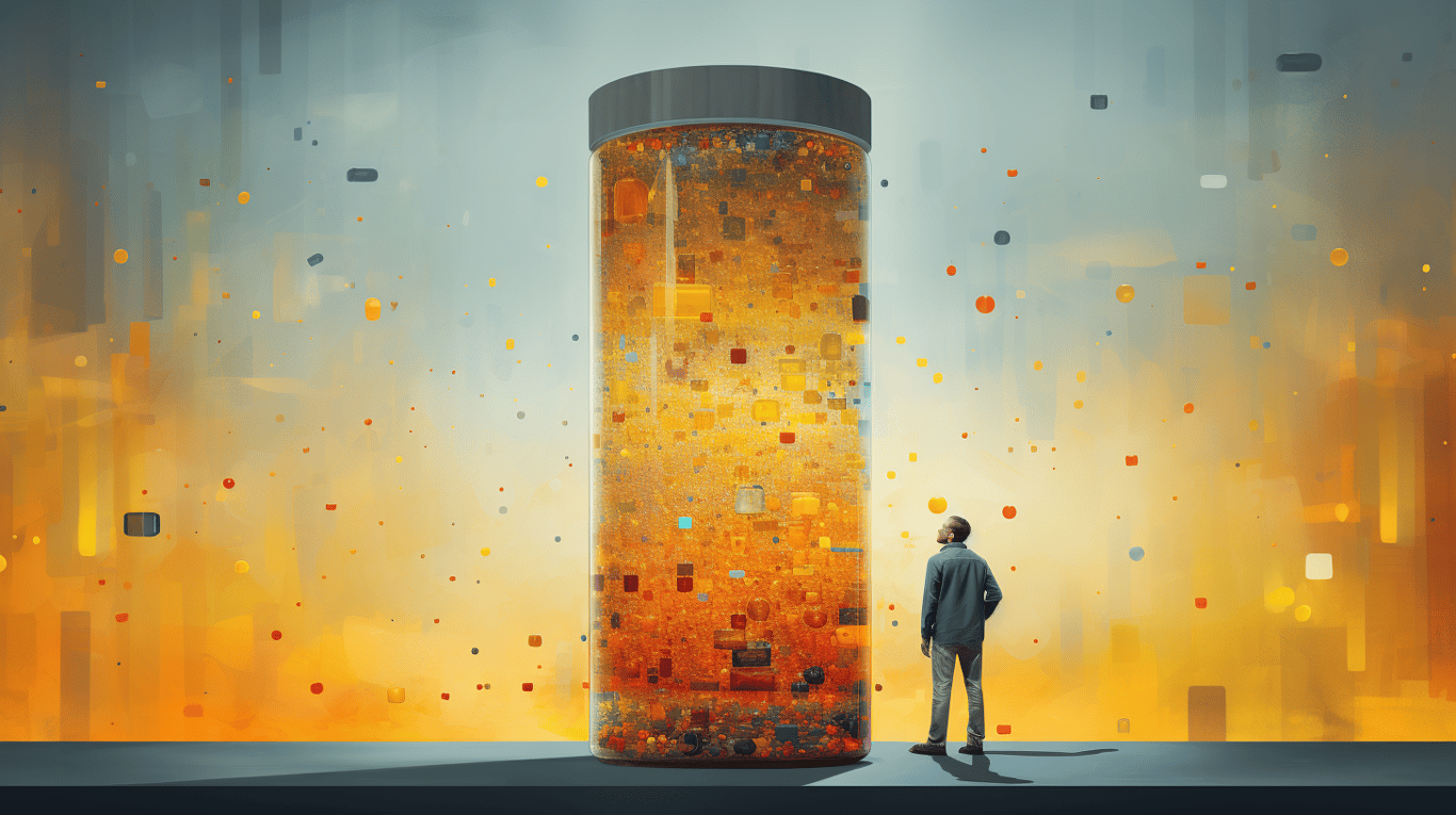 abstract image of a researcher studying a bottle of drug.