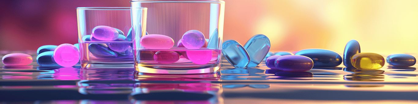 image of drug pills surrounding a glass of water symbolizing drug consumption