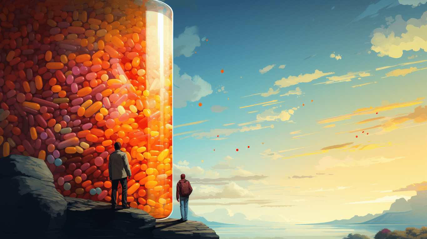 abstract image of a researcher studying a bottle of drug.