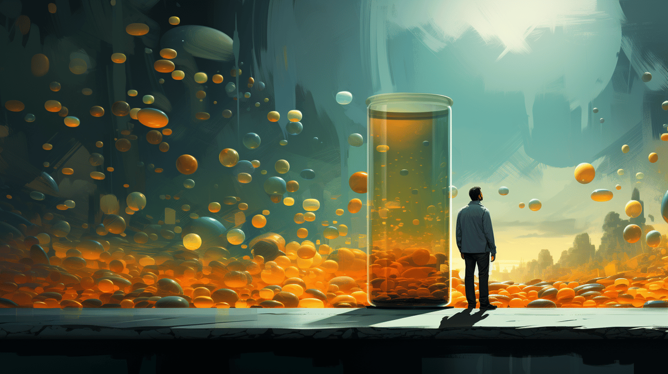 abstract image of a researcher studying a bottle of drug.