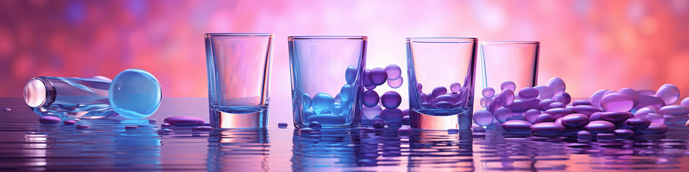 image of drug pills surrounding a glass of water symbolizing drug consumption