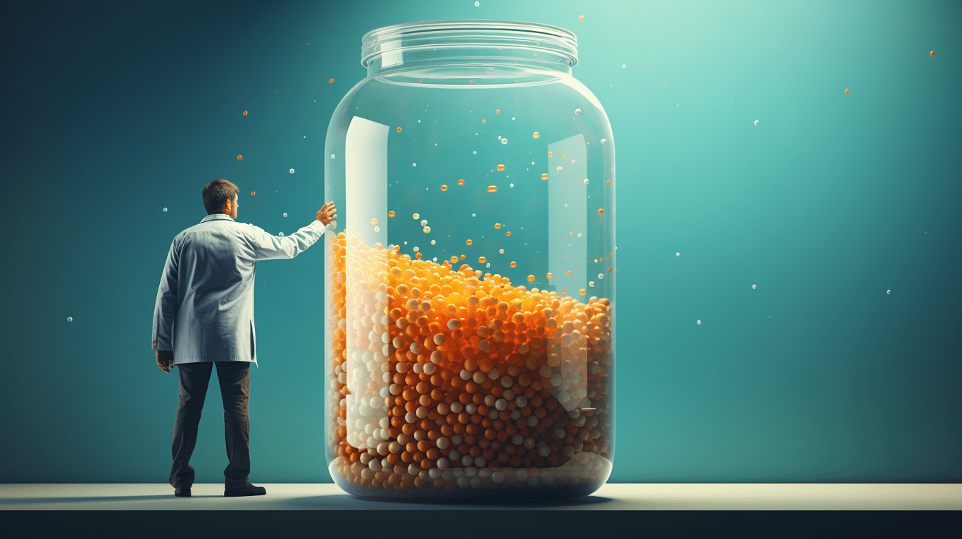 abstract image of a researcher studying a bottle of drug.