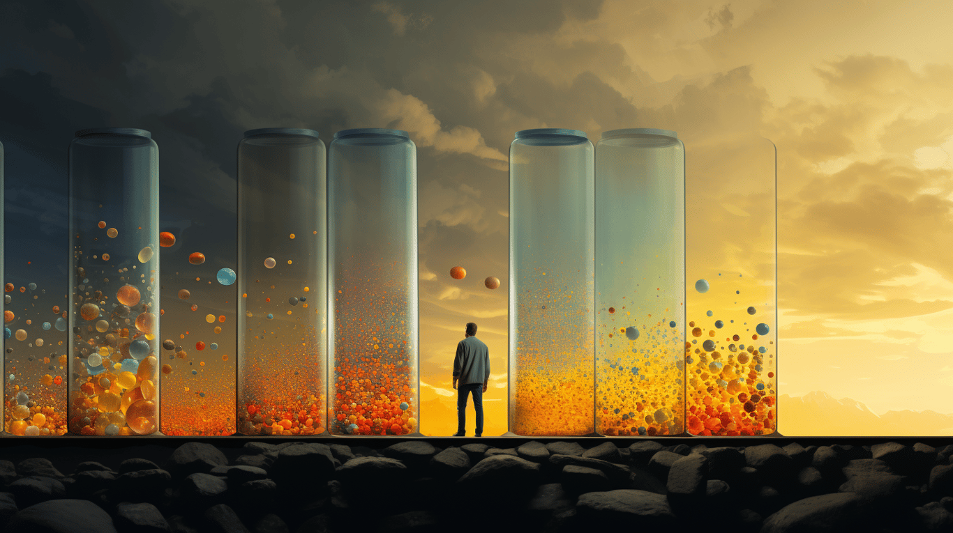 abstract image of a researcher studying a bottle of drug.