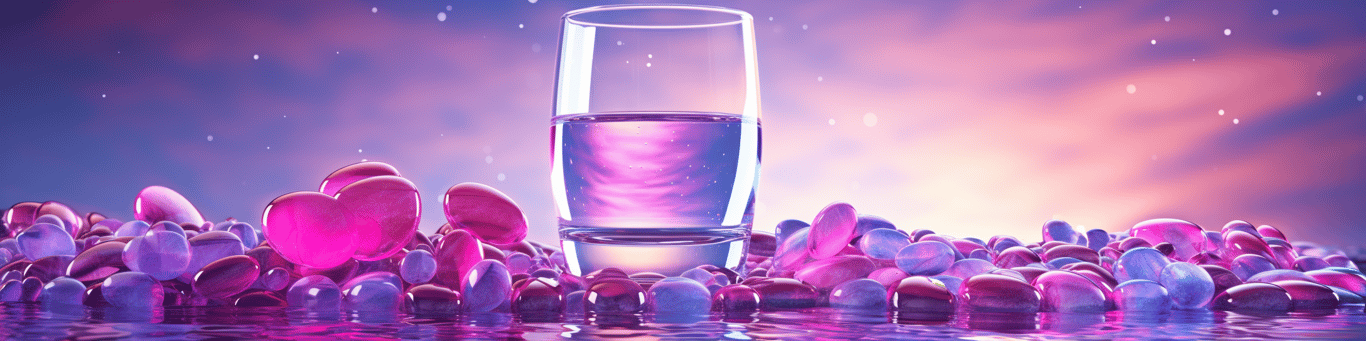 image of drug pills surrounding a glass of water symbolizing drug consumption