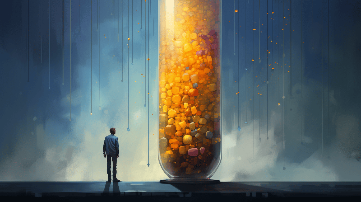 abstract image of a researcher studying a bottle of drug.