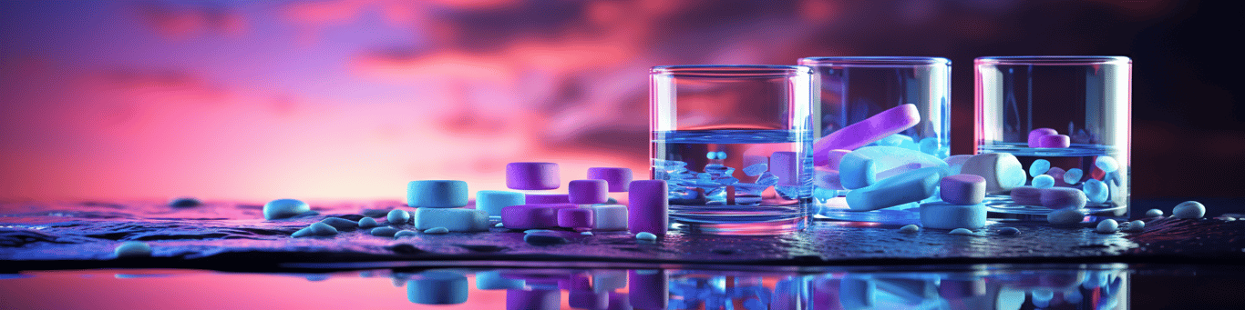 image of drug pills surrounding a glass of water symbolizing drug consumption