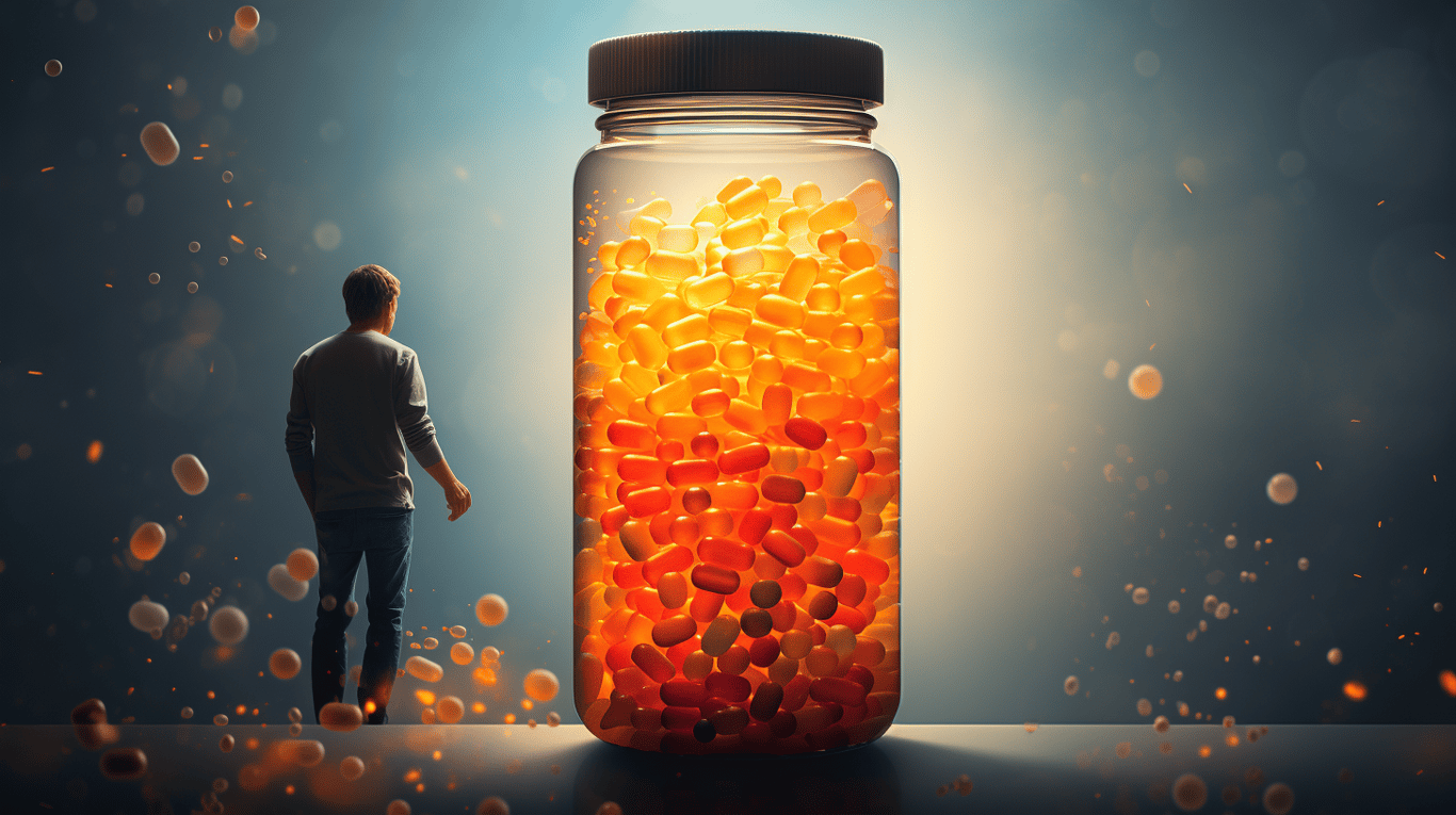 abstract image of a researcher studying a bottle of drug.