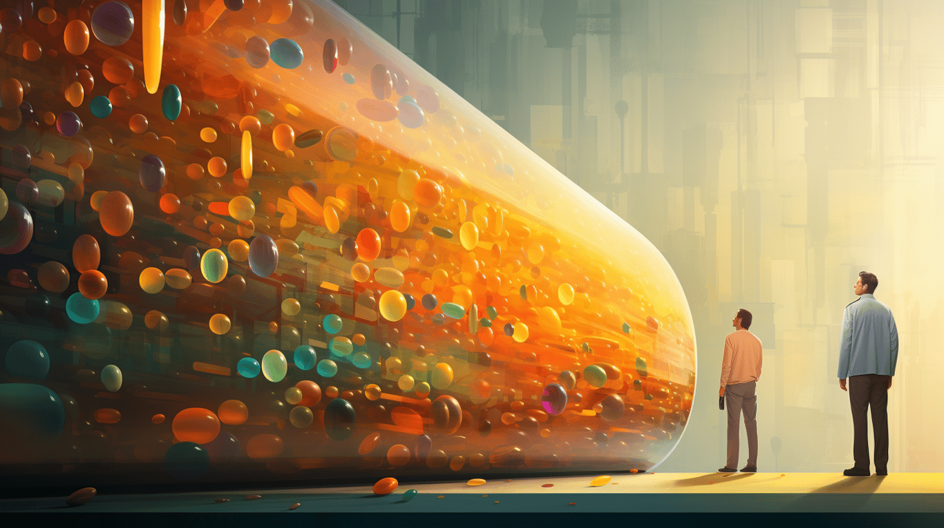 abstract image of a researcher studying a bottle of drug.