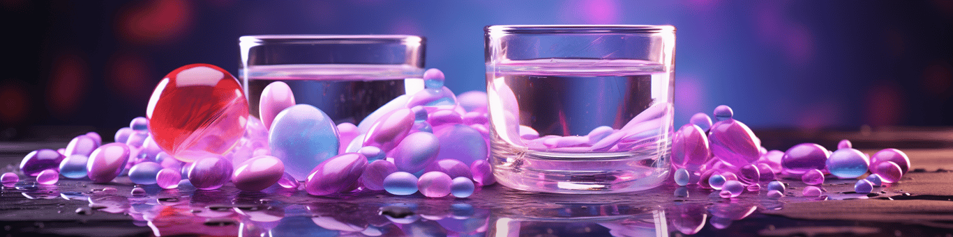 image of drug pills surrounding a glass of water symbolizing drug consumption