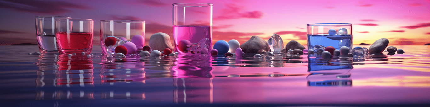 image of drug pills surrounding a glass of water symbolizing drug consumption