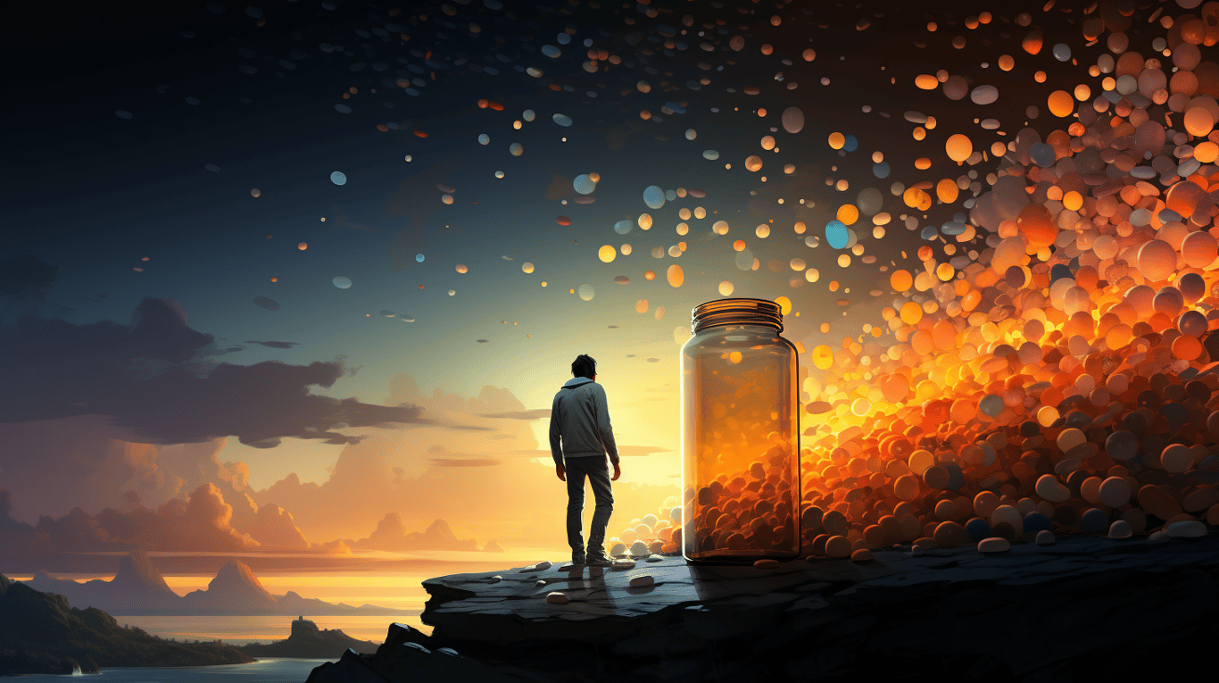 abstract image of a researcher studying a bottle of drug.