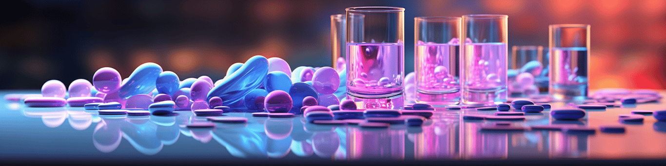image of drug pills surrounding a glass of water symbolizing drug consumption