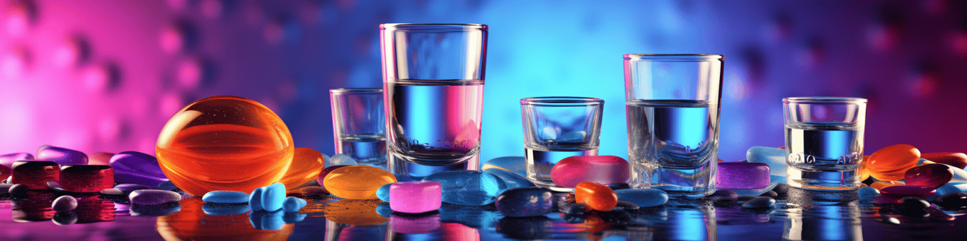image of drug pills surrounding a glass of water symbolizing drug consumption