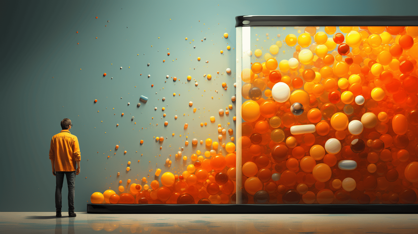 abstract image of a researcher studying a bottle of drug.