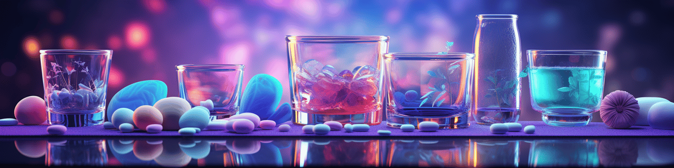 image of drug pills surrounding a glass of water symbolizing drug consumption