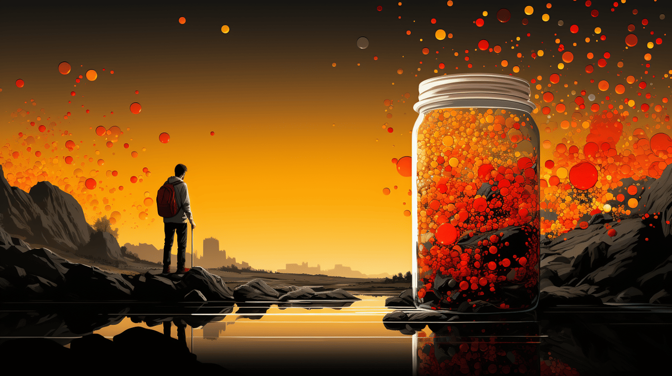 abstract image of a researcher studying a bottle of drug.