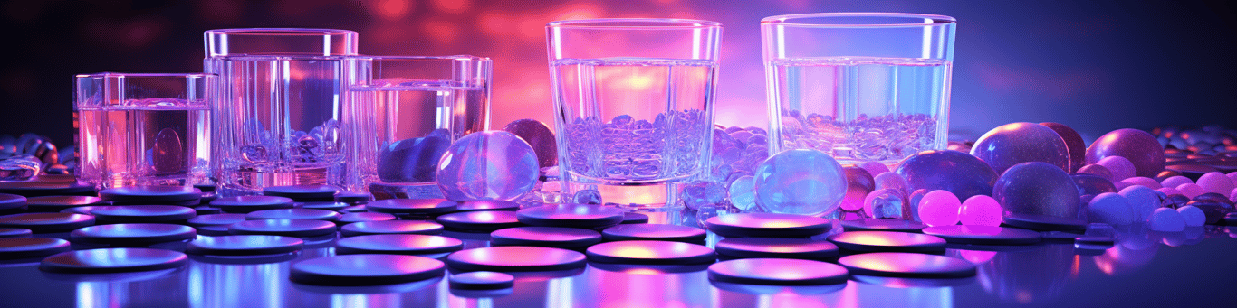 image of drug pills surrounding a glass of water symbolizing drug consumption