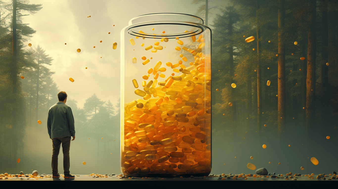 abstract image of a researcher studying a bottle of drug.