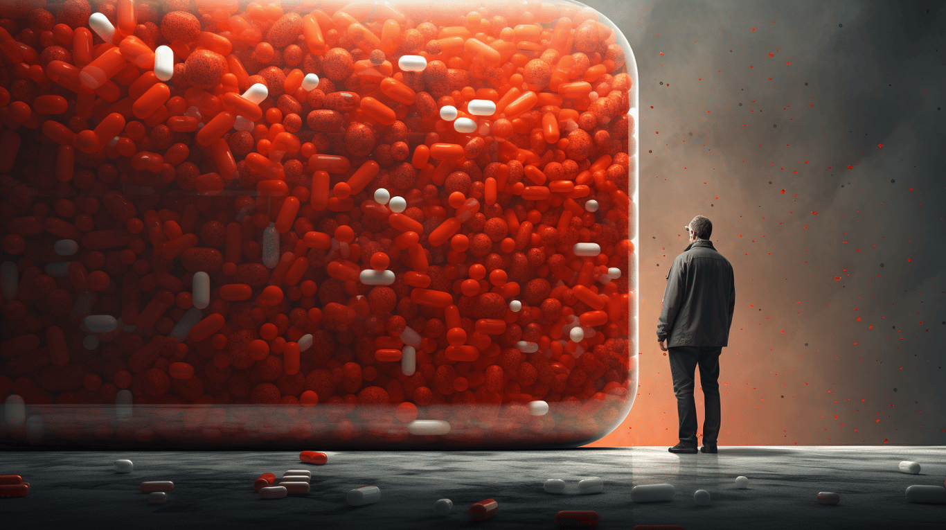 abstract image of a researcher studying a bottle of drug.