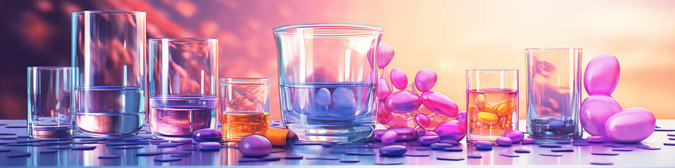 image of drug pills surrounding a glass of water symbolizing drug consumption