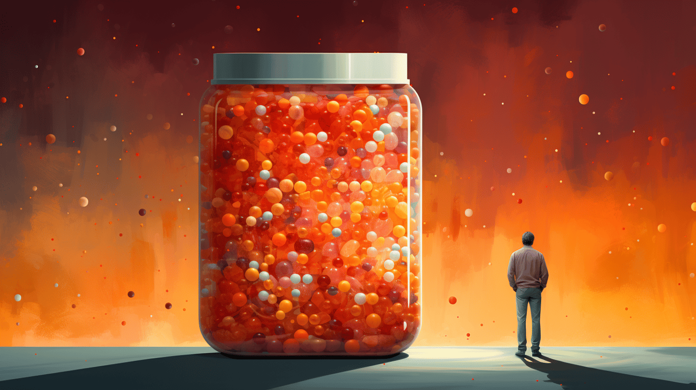 abstract image of a researcher studying a bottle of drug.