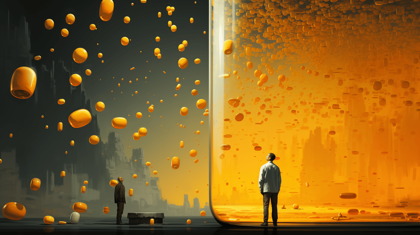 abstract image of a researcher studying a bottle of drug.