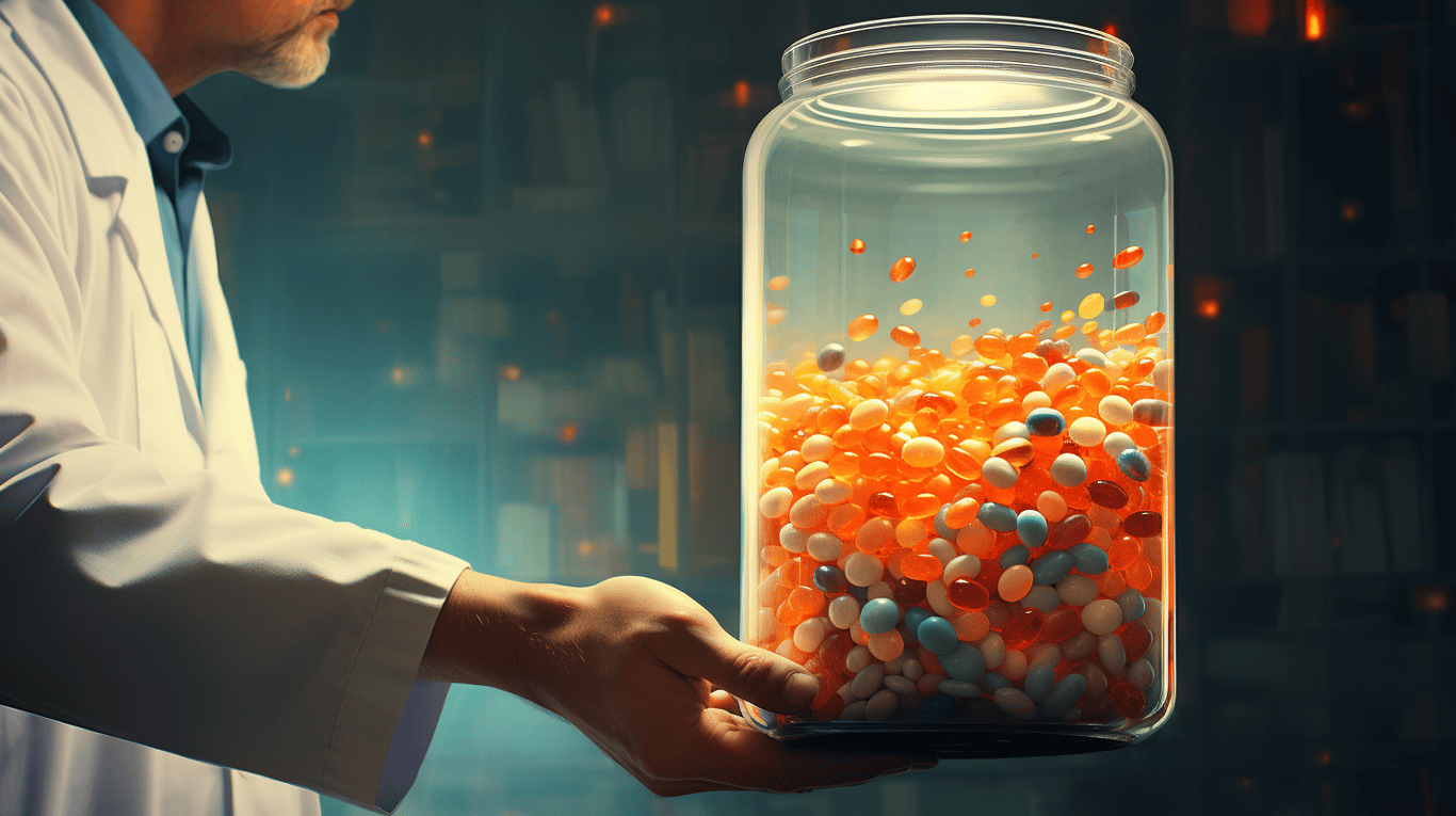 abstract image of a researcher studying a bottle of drug.