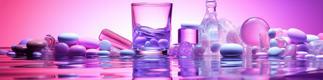 image of drug pills surrounding a glass of water symbolizing drug consumption