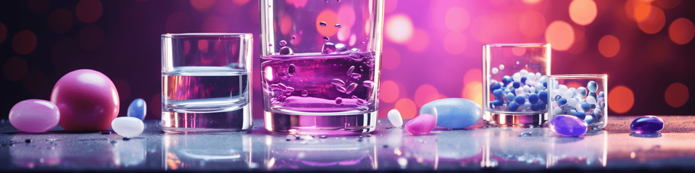 image of drug pills surrounding a glass of water symbolizing drug consumption