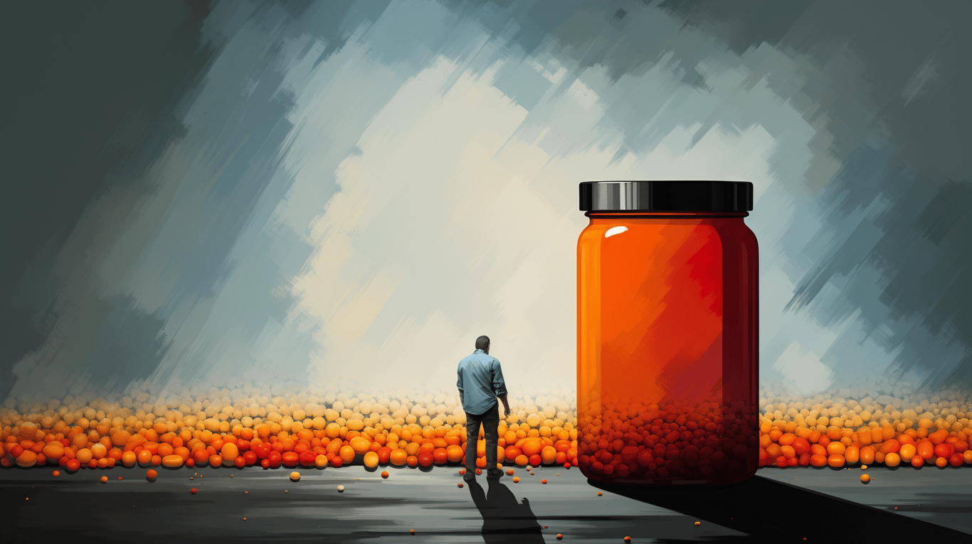 abstract image of a researcher studying a bottle of drug.