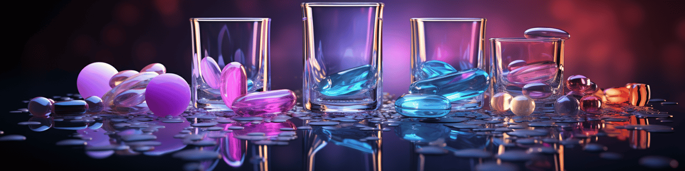 image of drug pills surrounding a glass of water symbolizing drug consumption