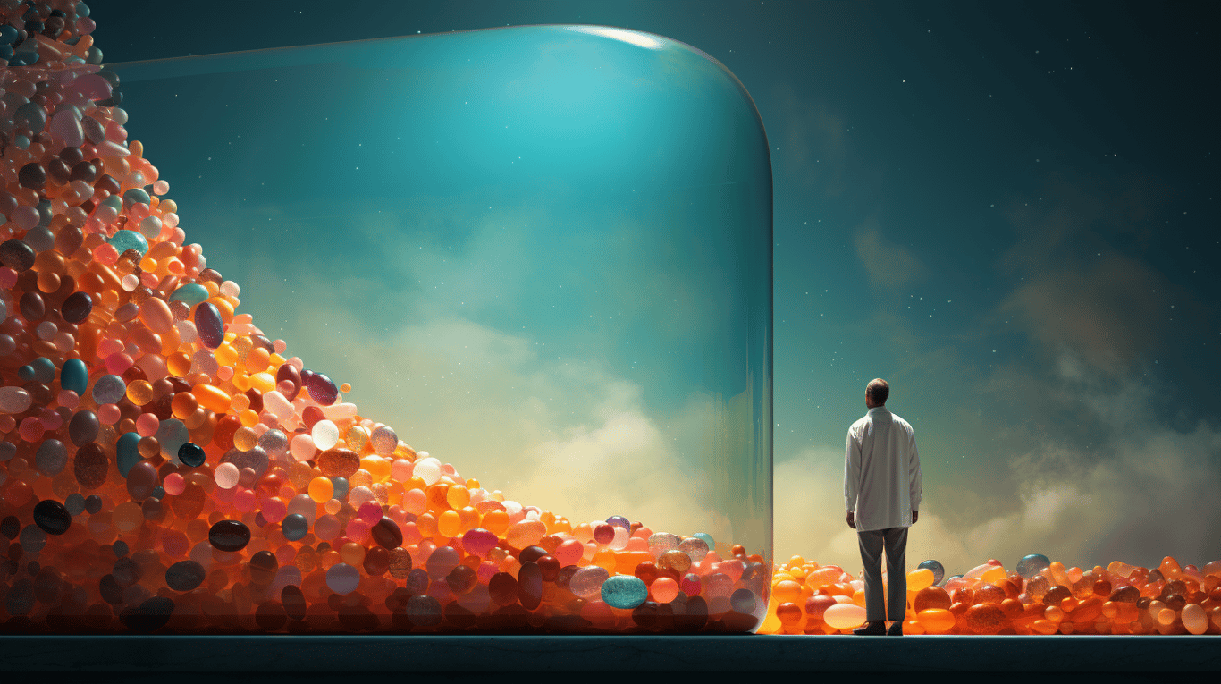 abstract image of a researcher studying a bottle of drug.