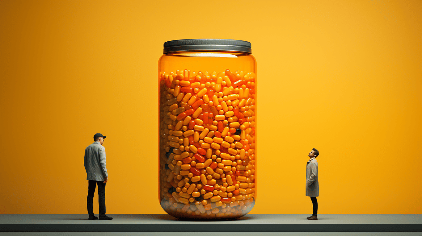 abstract image of a researcher studying a bottle of drug.