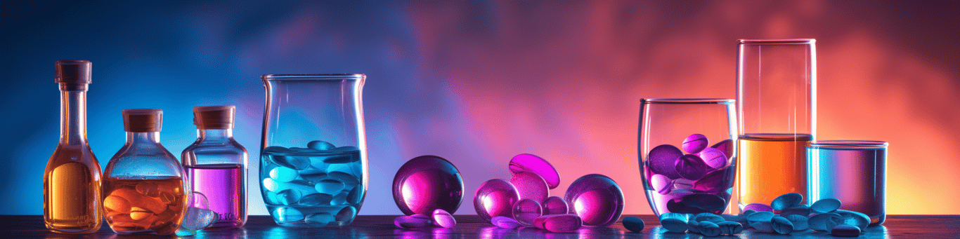 image of drug pills surrounding a glass of water symbolizing drug consumption