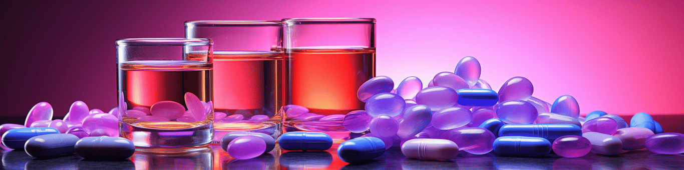 image of drug pills surrounding a glass of water symbolizing drug consumption