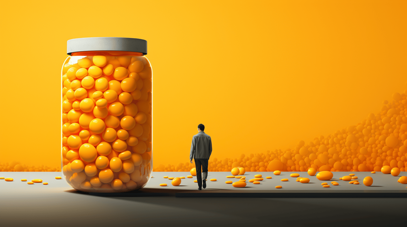 abstract image of a researcher studying a bottle of drug.