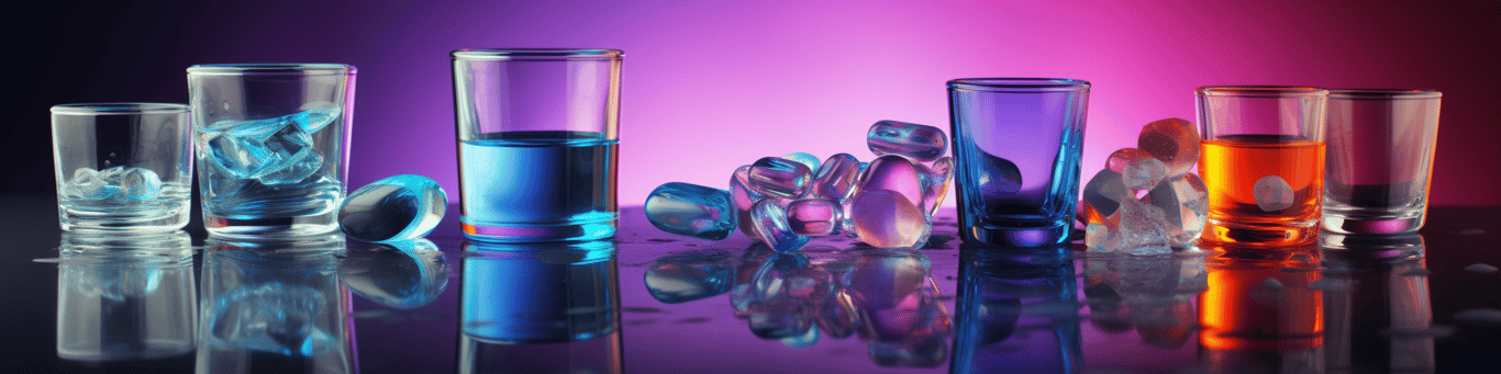 image of drug pills surrounding a glass of water symbolizing drug consumption
