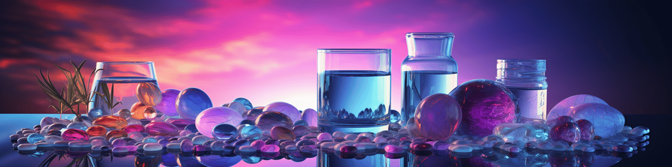 image of drug pills surrounding a glass of water symbolizing drug consumption