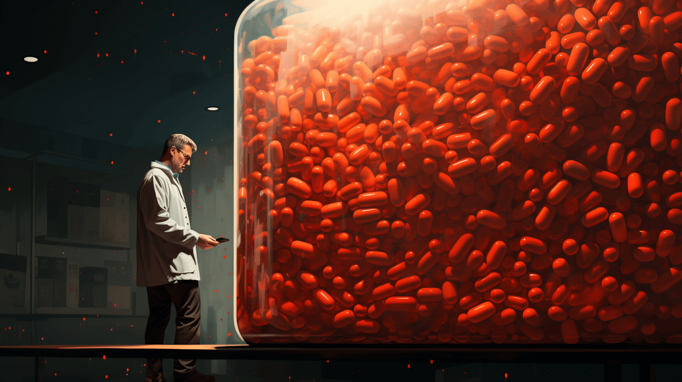 abstract image of a researcher studying a bottle of drug.