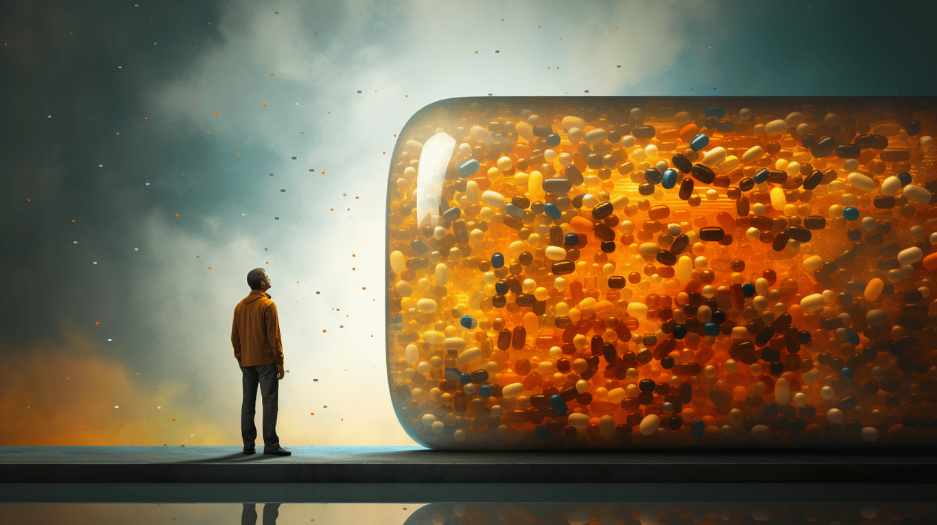 abstract image of a researcher studying a bottle of drug.