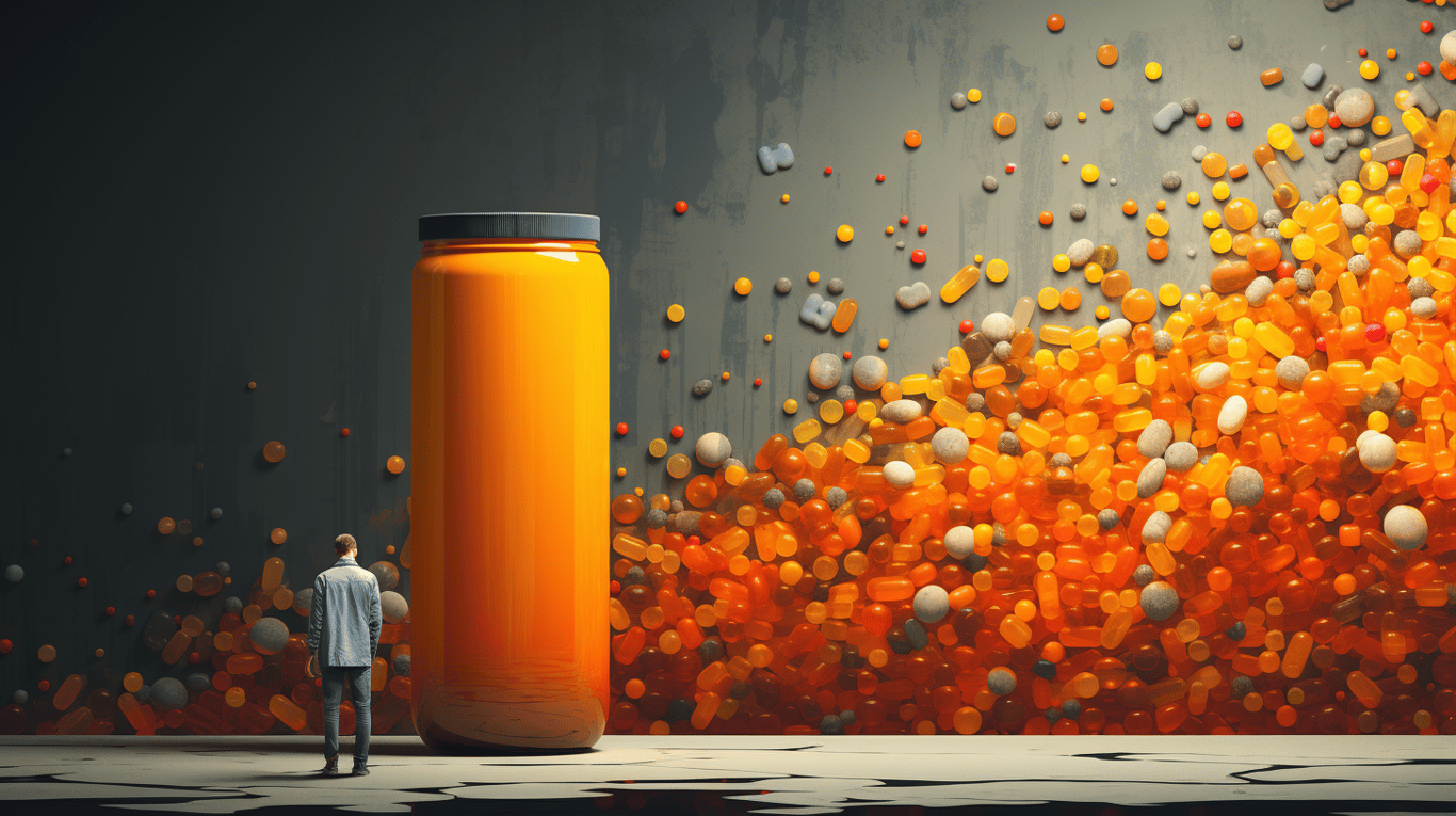 abstract image of a researcher studying a bottle of drug.