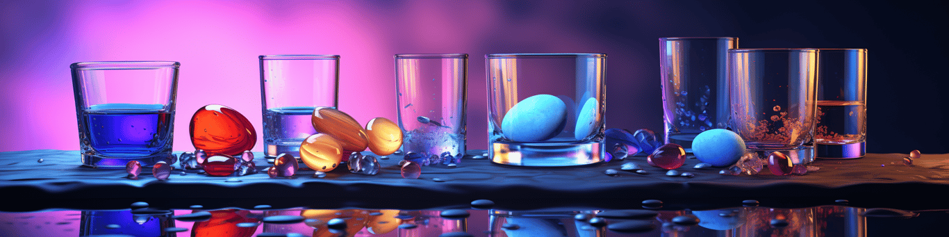image of drug pills surrounding a glass of water symbolizing drug consumption
