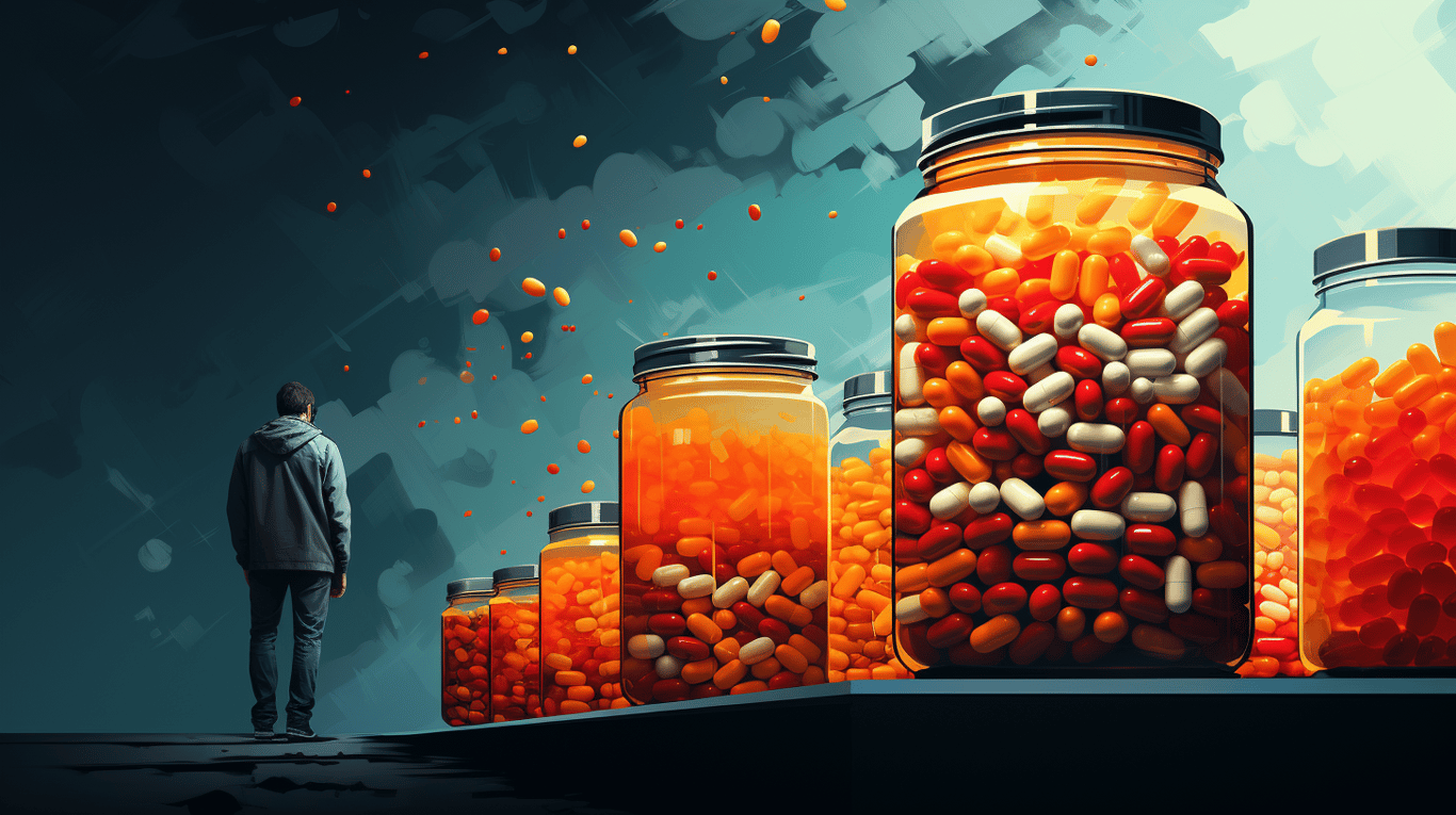 abstract image of a researcher studying a bottle of drug.