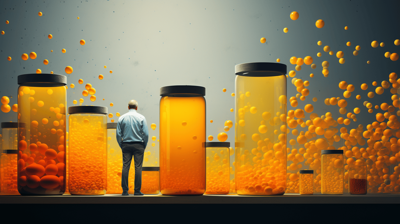 abstract image of a researcher studying a bottle of drug.