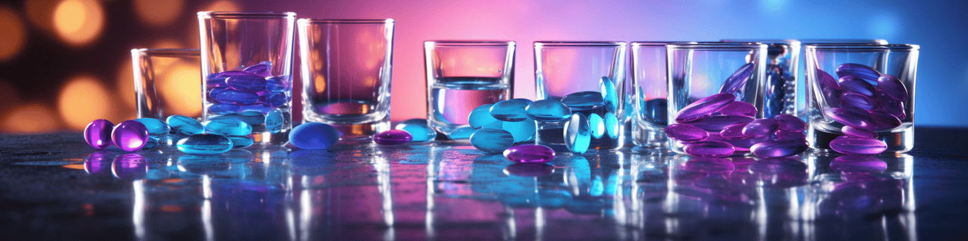 image of drug pills surrounding a glass of water symbolizing drug consumption