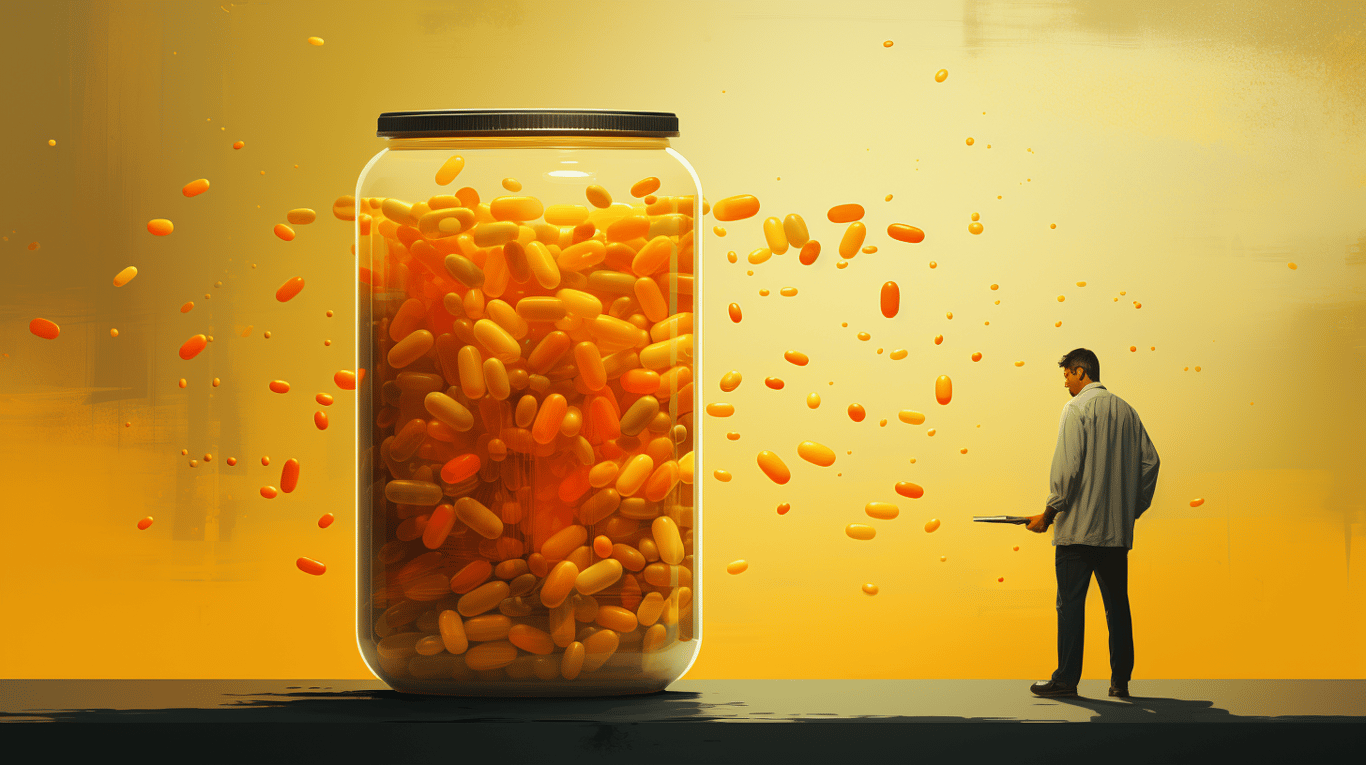 abstract image of a researcher studying a bottle of drug.