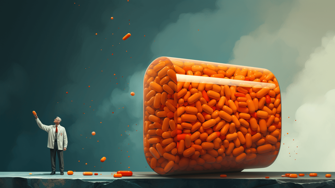 abstract image of a researcher studying a bottle of drug.