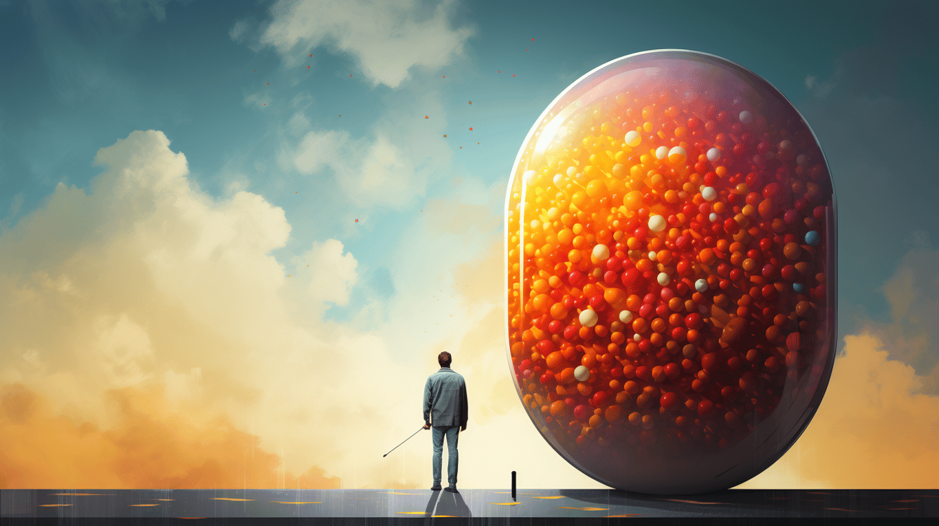 abstract image of a researcher studying a bottle of drug.